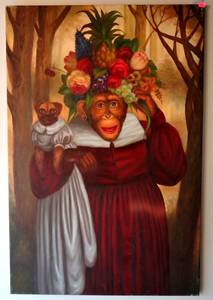 lot 58 image: UNIQUE ORIGINAL OIL PAINTING ON CANVAS - CARMEN MIRANDA LIKE MONKEY WITH FRUIT BASKET HAT - MEASURES 24 X 36