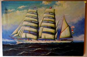 lot 63 image: CUTTER SAILING SHIP IN ORIGINAL OIL ON CANVAS SIGNED L KALVIN - MEASURES 24 X 36