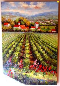 lot 64 image: ORIGINAL OIL PAINTING - COUNTRY VILLAGE AND FIELD - MEASURES 24 X 36