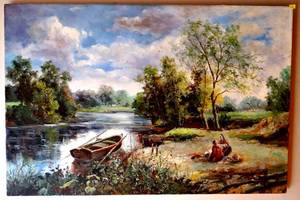 lot 65 image: RIVERSIDE PICNIC - ORIGINAL OIL PAINTING ON CANVAS MEASURING 24 X 36