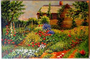 lot 68 image: BRIGHT AND CHEERY - COUNTRY CABIN IN FLOWERS - ORIGINAL OIL PAINTING CANVAS - MEASURES 24 X 36