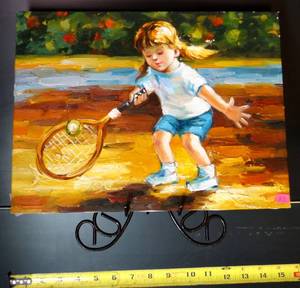 lot 83 image: SMALL ORIGINAL OIL PAINTING ON CANVAS WITH ORNATE METAL DISPLAY STAND - Measures 12 x 16