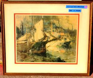 lot 8 image: Vintage Nautical Print Double Matted in Custom Frame - signed in print - Measures 26 x 30