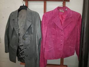 lot 132 image: Pink Suede Large Jacket by i.e. and Grey Leather Jacket