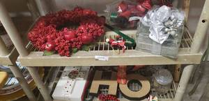 lot 14 image: Lighted Clear Glass Box, Wreath, Ribbons and More