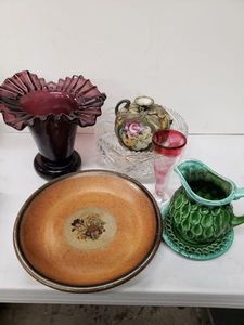 lot 175 image: Hand Painted Vase, Stone Pie Plate, Hand Blown Glass Vase and More