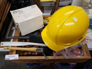 lot 177 image: Vintage Tools in Ammo Box, Large File, Hard Hat, Replacement Battery, SL-20X, and Vintage Glaziers Points for Window Installation(6 Boxes)