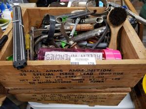 lot 178 image: Tools in Ammunition Boxes, Set of Large Allen Wrenches, Oil Filter Wrenches, Assortment of Vintage Pliers and More