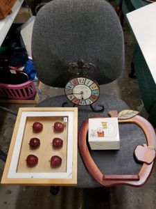 lot 180 image: Cushioned Desk Chair, Apple Wood Plaque, Apple Shadowbox and Hobby Lobby Desk Clock