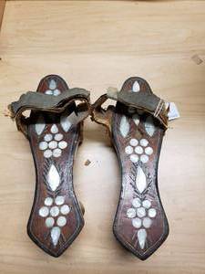 lot 227 image: Antique Wooden Bathing Shoes with Mother of Pearl Inlays, Bottom of shoe says Pre-1900 from Israel