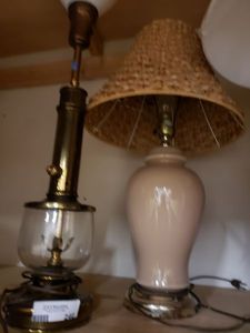 lot 240 image: Ceramic Table Lamp with Basket Woven Shade, Brass Lamp with Milk Glass Torchiere