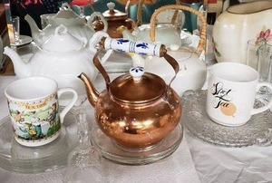 lot 198 image: Copper and Ceramic Teapots and Tea Plate Sets and Crystal Bell