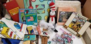 lot 200 image: Puzzles, Crayons, Colored Pencils, Plush Cat in the Hat and more