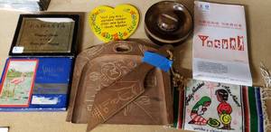 lot 235 image: Souvenirs, Wood Carving from 1930 Japan, Playing Cards and Map from the Olympics