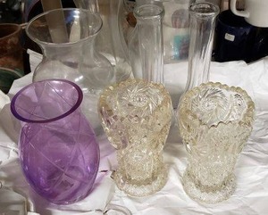 lot 206 image: Assorted Vases Includes Purple Glass Vase and Pair of Crystal Cut Vases