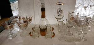 lot 211 image: Carafe with Matching Tiny Glasses, Set of 4 Railroad Goblets and more