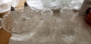 lot 214 image: Pair of Crystal Candy Dishes, Pair of Crystal Cut Dishes with Lids, Cake Platter and Salt and Pepper Shakers