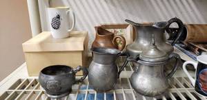 lot 220 image: French Pottery Small Pitcher, Neiman Marcus Cup Set, Aluminum Pitcher Set