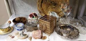 lot 221 image: Delicate Odds and Ends Includes Gold Looking Platter, Gold Trim China Cups, Wine Goblets and Czechoslovakian Tea Cup and Saucer