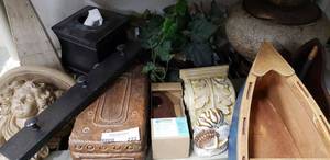 lot 222 image: HomeOffice Decorations Includes Wooden Box with Lid, Kleenex Box Holder, Crackled Vase and More