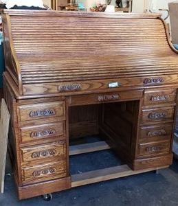 lot 140 image: Oak Craft Roll Top Desk, Keys and Dividers included, Plus Matching Wooden Chair with Wheels