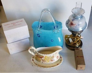 lot 58 image: Glass Blown Purse, Hurricane Lamp, Campbells Soup Boy and Girl Figurine and Gravy Boat