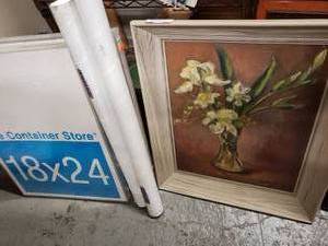 lot 104 image: Flower Painting, Two 18x24 Plastic Frames, and Wall Mural ( Has 2 Sections, Picture from Magazine Shown)