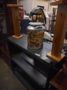 lot 166 image: Grey Plastic Shelf, Two Wooden Pedestals and Milk Can Tin