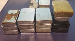 lot 76 image: Collection of Zippo Lighters 3 are between 1955-1979, some are Sterling Silver Brush Finish