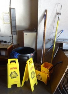 lot 8 image: Janitorial Supplies.  Trash can, Caution signs, mop bucket, mops, sweeper & pad & more