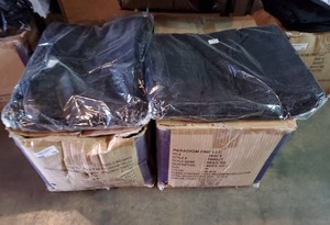 lot 159 image: 2 boxes of solid black 100% cotton t-shirts. Size medium.
