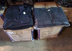 lot 160 image: 2 boxes of solid black 100% cotton t-shirts. Size medium.