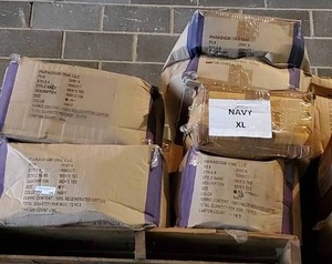 lot 186 image: Pallet of Navy Blue 100% cotton t-shirts.  Size XL. 9 cases. Bid is times the quantity
