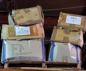 lot 193 image: Pallet of Navy Blue 100% cotton t-shirts.  Various sizes. 13 cases. Bid is times the quantity