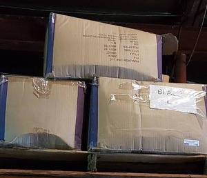 lot 195 image: Pallet of black 100% cotton t-shirts.  Various sizes. 6 cases. Bid is times the quantity
