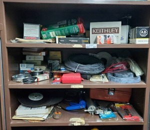 lot 205 image: Contents of top 3 shelves.  Includes cut-off blades, solder wire, hex set and MUCH more. Cabinet not included.