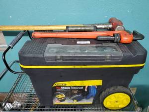 lot 213 image: Stanley rolling tool chest FULL of tools.  Sledge hammer, pipe wrench, wrenches, drill bits and MUCH more.