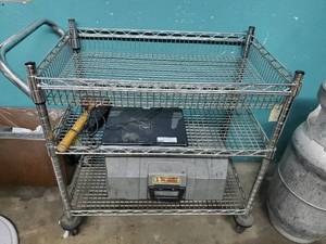 lot 214 image: Metal rolling cart & contents.  Includes laptop and toolbox.