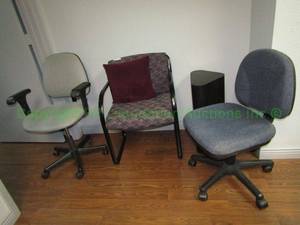 lot 664 image: Three office chairs and display stand