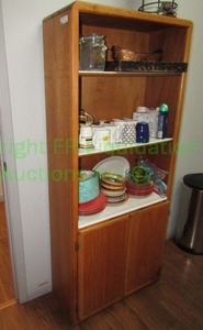 lot 647 image: Wood veneer bookshelf plus contents assorted dishware as shown, 68 x 3 x 12