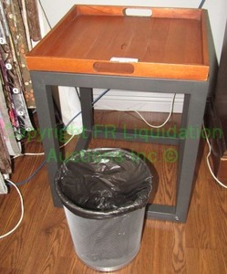 lot 629 image: Metal base wood top accent table 18 x 18 x 22 and waste basket
