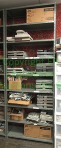 lot 495 image: Assorted fabric samples and remnants contents of shelving unit. Shelving unit not included