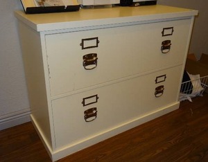 lot 708 image: Wooden 2-drawer lateral file cabinet.  Matches lots 706 & 707.