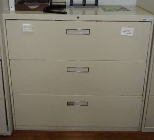lot 715 image: All-Steel lateral file cabinet w 3 drawers.  Measures 42 x 40 x 18.  Contents not included.