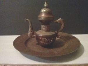 lot 54 image: Antique Tibetan Dragon Teapot(Copper and Nickel Silver) and brass platter