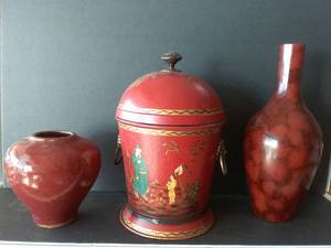 lot 127 image: 3 Pc Red Asian Vases and Lidded Can