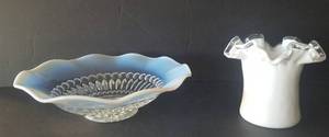 lot 93 image: 2 Pc Fenton Glassware. 1 Moonstone Opalescent Dish, 1 Silver Crest ruffled rim Vase