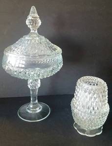 lot 95 image: Indiana Glass Diamond Point Candy Dish and Fairy Lamp