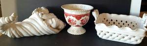 lot 112 image: Vintage Cornicopia, Planter Vase, and Ceramic Basket