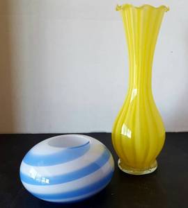 lot 117 image: 2 Pc Art Glass (Vintage Vase and Swedish Candleholder)